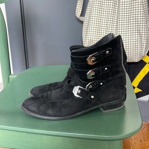 stuart weitzman buckle suede ankle boots